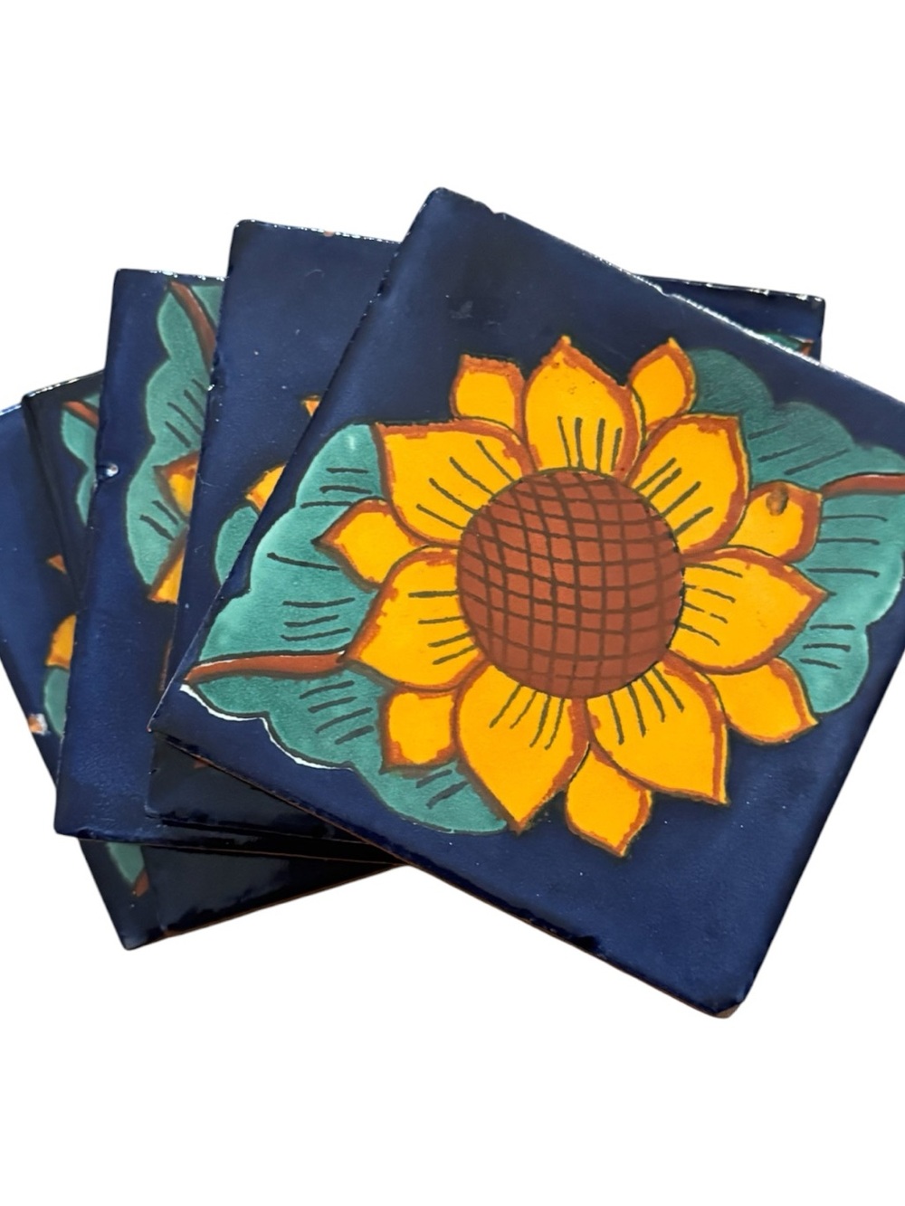 🌻5 Handmade Etsy Sunflower Ceramic Yellow Blue Talavera Tile Corked Coasters